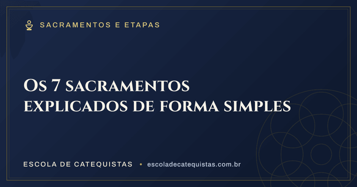 Capa do artigo — Os 7 sacramentos explicados de forma simples — arte em azul e dourado da Escola de Catequistas